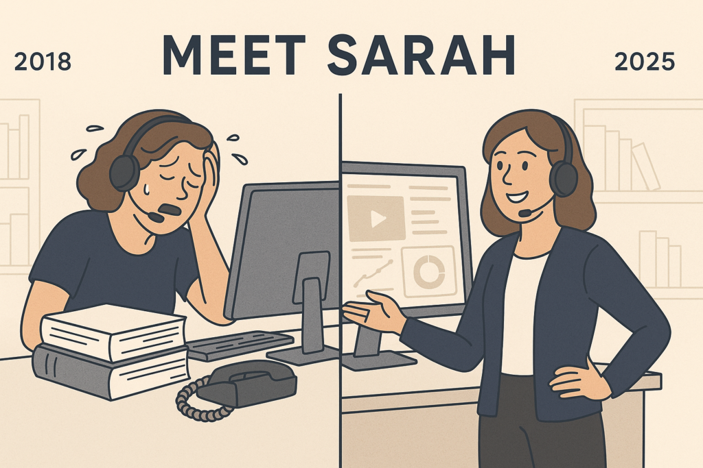 Side-by-side illustration of Sarah in 2018 overwhelmed during traditional training, and in 2025 confidently using AI tools.