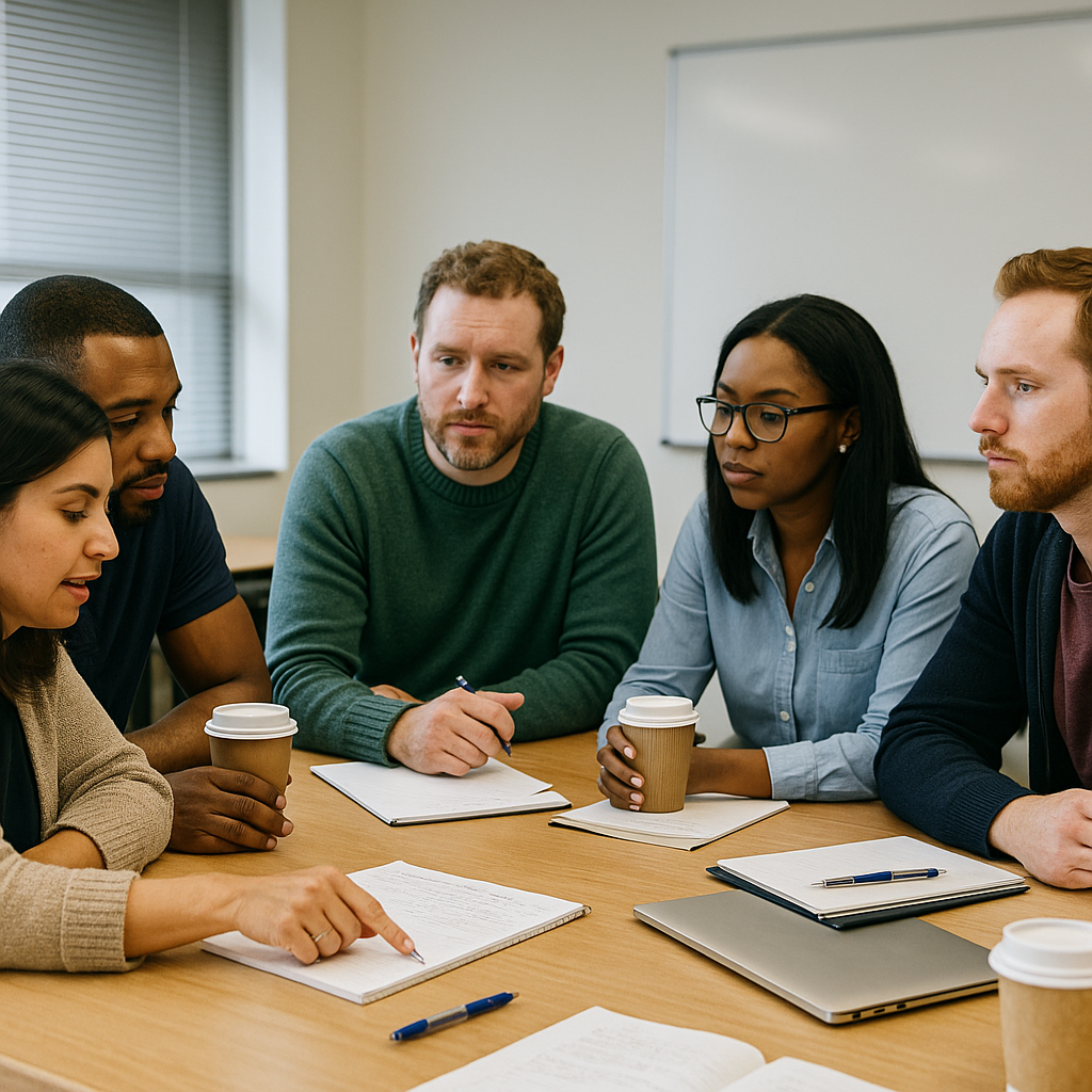 A diverse group of five call center agents sitting around a classroom table, engaged in discussion with notebooks, pens, and coffee cups.