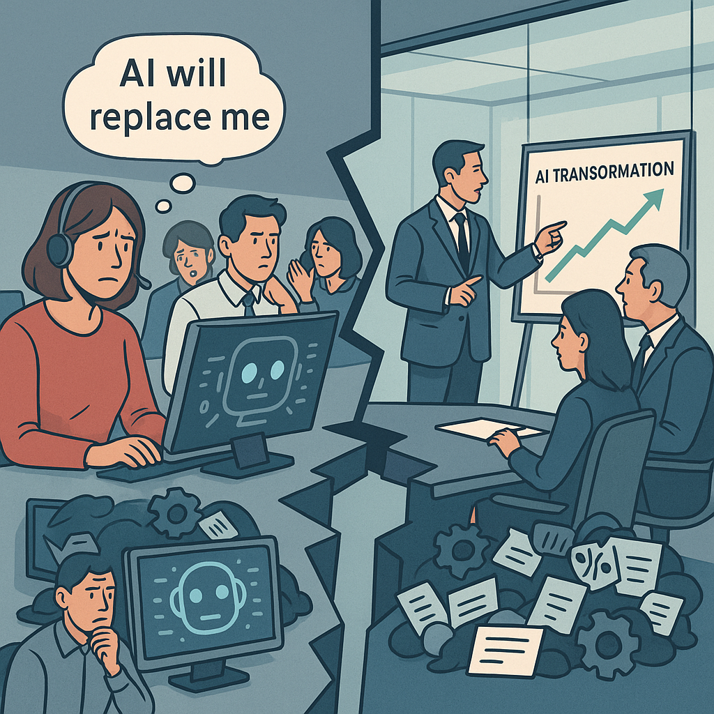 An office split into two halves: on the left, worried call center employees at computers with thought bubbles like “AI will replace me.” On the right, executives in a glass boardroom discuss an “AI Transformation” chart. A broken gap between them symbolizes disconnect.