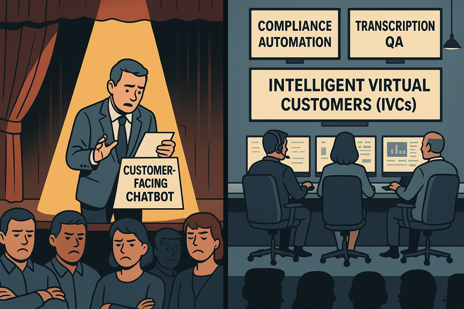 A split-screen business illustration of a theater. On the left, a nervous man stands under a harsh yellow spotlight on stage, fumbling with cue cards labeled “Customer-Facing Chatbot,” while a frustrated audience crosses their arms and frowns. On the right, a calm, blue-toned control room shows operators at consoles with glowing dashboards labeled “Compliance Automation,” “Transcription QA,” and “Intelligent Virtual Customers (IVCs).”