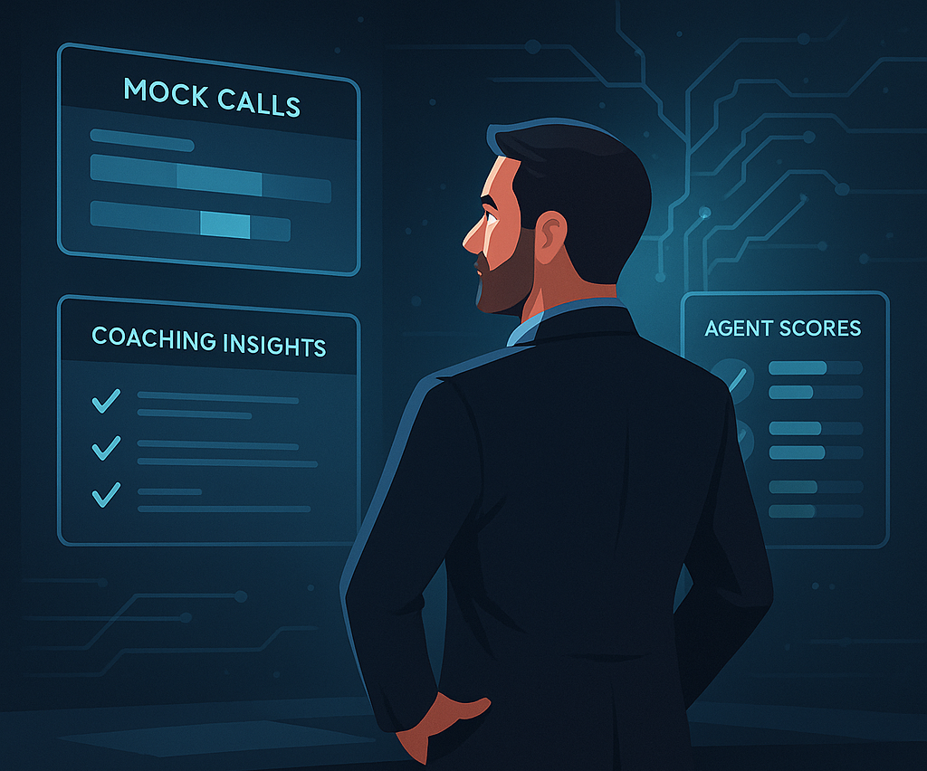 A professional male trainer stands in front of digital holographic dashboards labeled “Mock Calls,” “Coaching Insights,” and “Agent Scores,” with the caption: “You’ve already got the instincts. Now you’ve got the tools.”