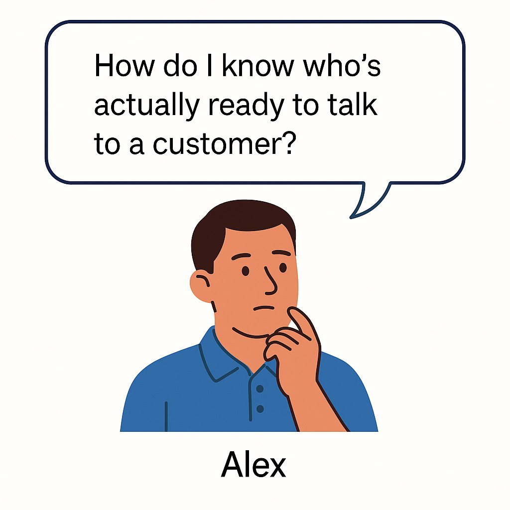 A flat-style illustration of Alex, a thoughtful man in a blue polo shirt, resting his chin on his hand with a speech bubble that reads, “How do I know who’s actually ready to talk to a customer?”