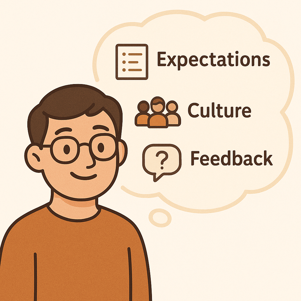 Cartoon man with glasses in an orange sweater smiles next to a large thought bubble showing icons and text for “Expectations,” “Culture,” and “Feedback.”
