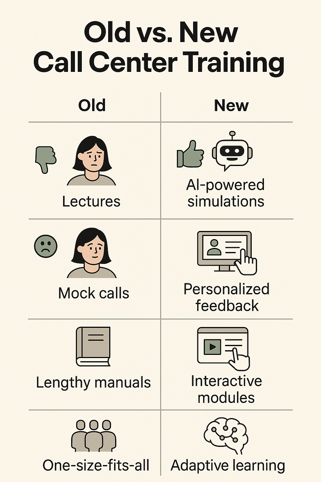 Side-by-side icons showing old training methods like lectures and mock calls versus new methods like AI simulations and adaptive learning.