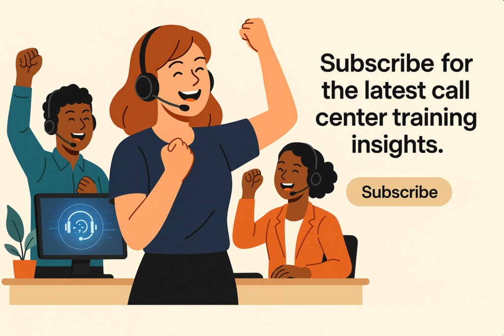 Three contact center reps cheerfully celebrating next to a screen with a glowing headset icon and a “Subscribe” button.