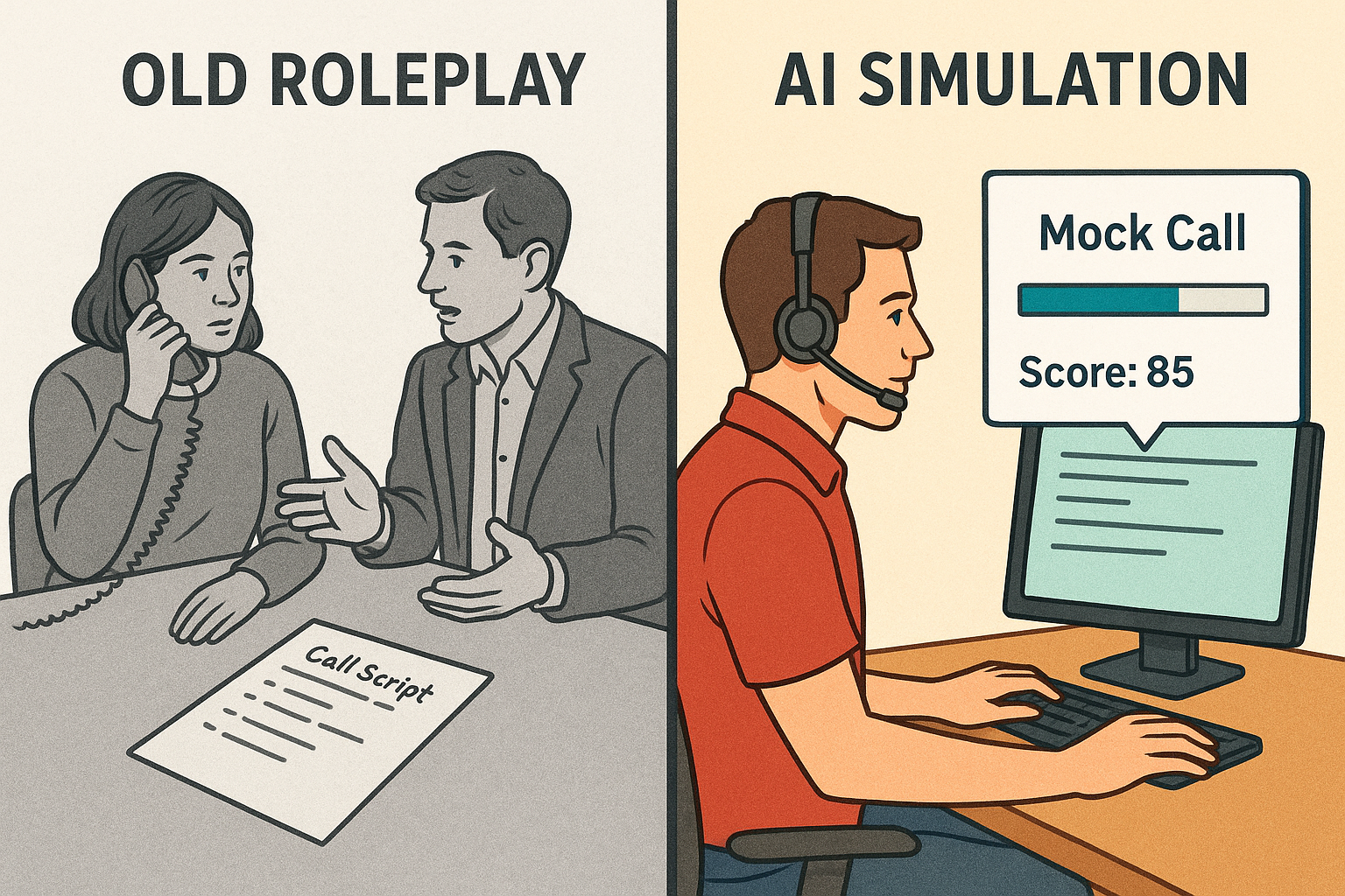 Split-screen illustration comparing traditional call roleplay and modern AI simulation. Left side shows two people practicing a call with a phone and call script; right side shows a person at a computer with a headset, mock call progress bar, and a score of 85.