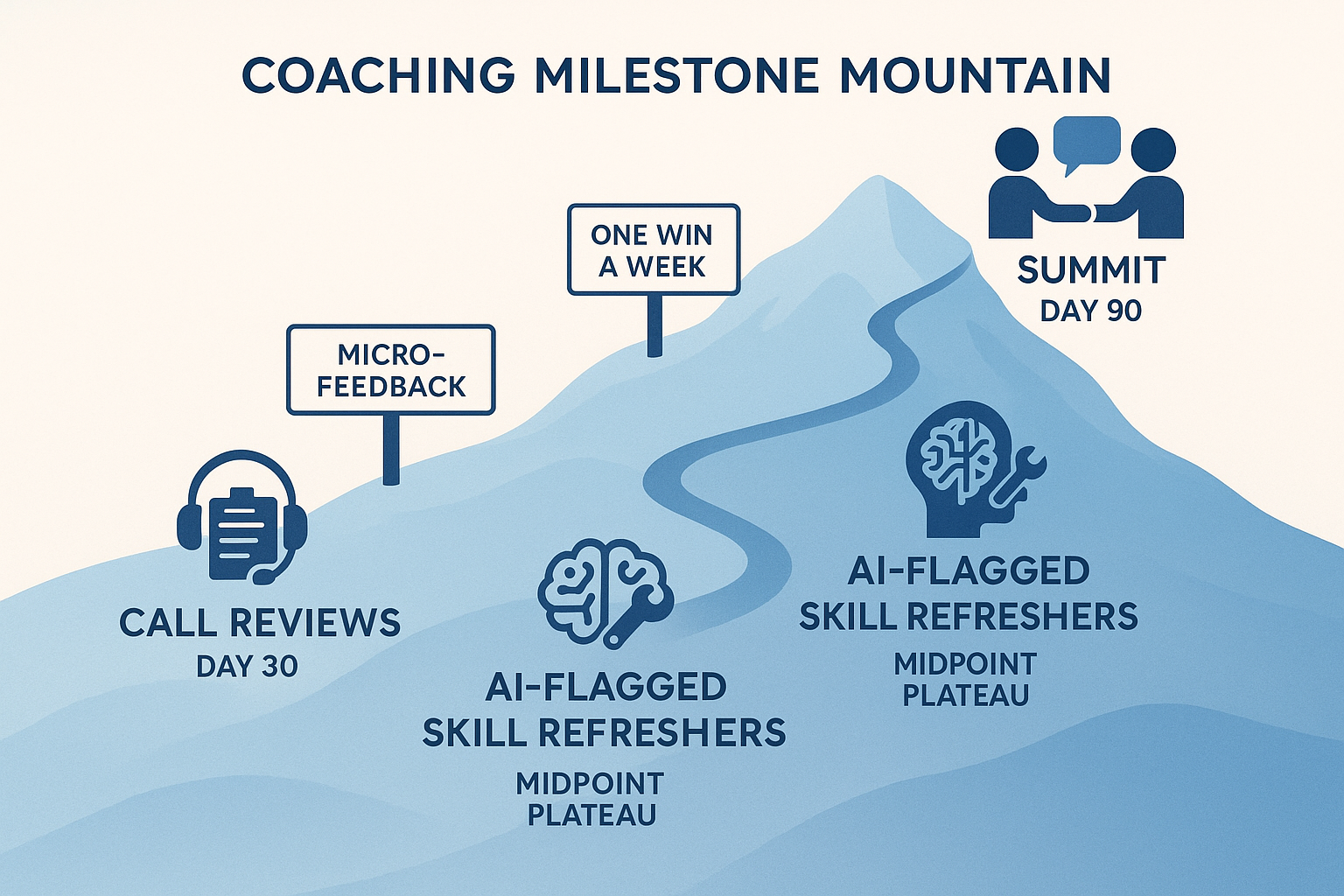 A stylized mountain trail map showing a 90-day coaching journey with three key milestones: Call Reviews at Day 30, AI-Flagged Skill Refreshers at Day 60, and Peer Coaching at Day 90, along a blue gradient mountain path.