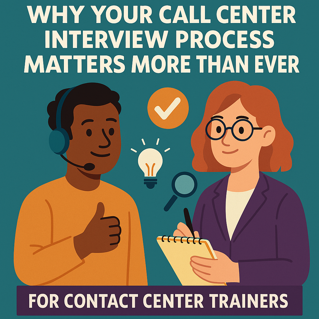 Illustration of a call center trainer and a rep interacting. The trainer holds a clipboard, while the rep wears a headset and gives a thumbs up. Icons of a checkmark, lightbulb, and magnifying glass float above them, with bold text reading: "Why Your Call Center Interview Process Matters More Than Ever – For Contact Center Trainers."